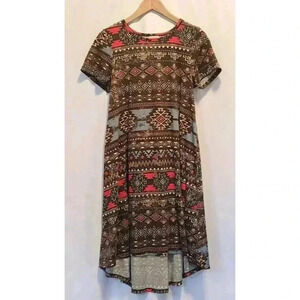 LuLaRoe Carly Dress Women's S Brown Short‎ Sleeve High Low Aztec Pattern Western